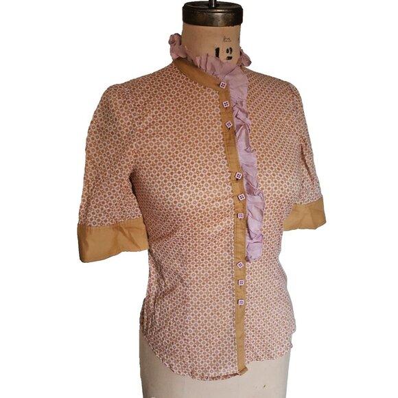 Cute ruffled Penguin pink and tan geometric print button down cotton shirt top - Picture 5 of 11